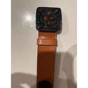 Ibel Made in Italy Tan Leather Belt Ornate Dragon Medallion Amber Buckle Vintage